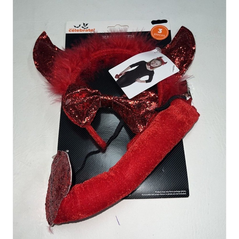 Halloween Devil Kit Costume Accessory Headband Bow Tail Child Size Red Glitter